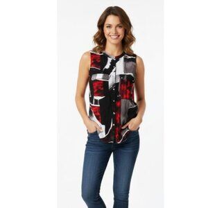 Le Chateau black white and red geometric patchwork pattern sleeveless bl…